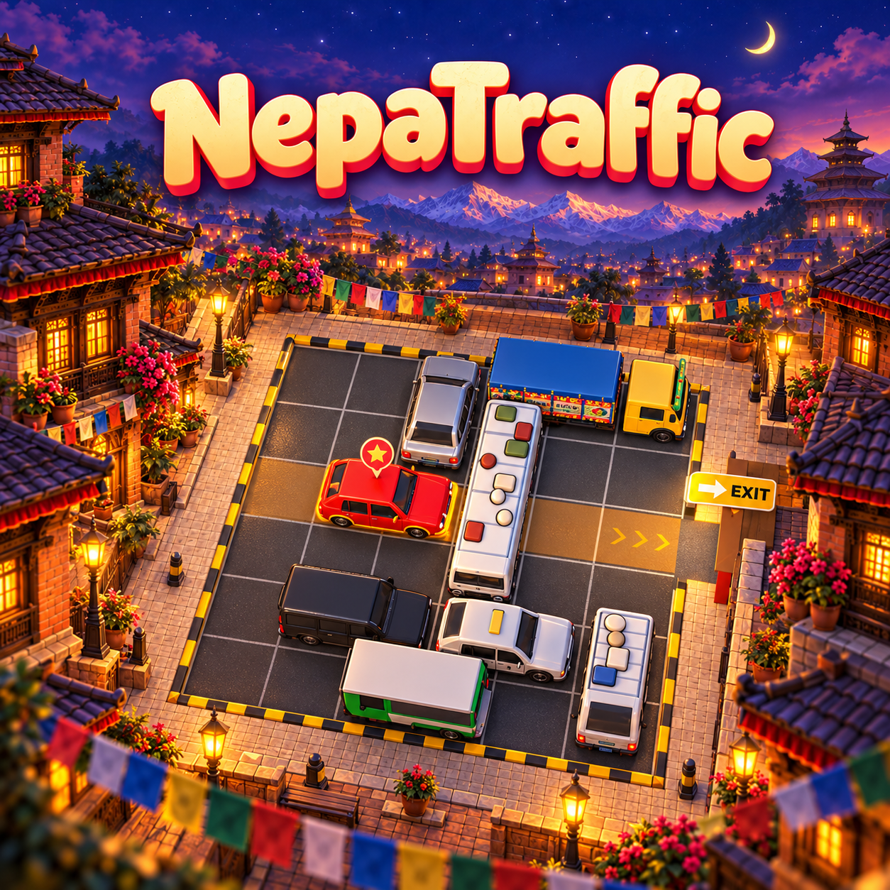 NepaTraffic promotional artwork inspired by the game: a red car surrounded by buses and trucks on a Kathmandu puzzle board